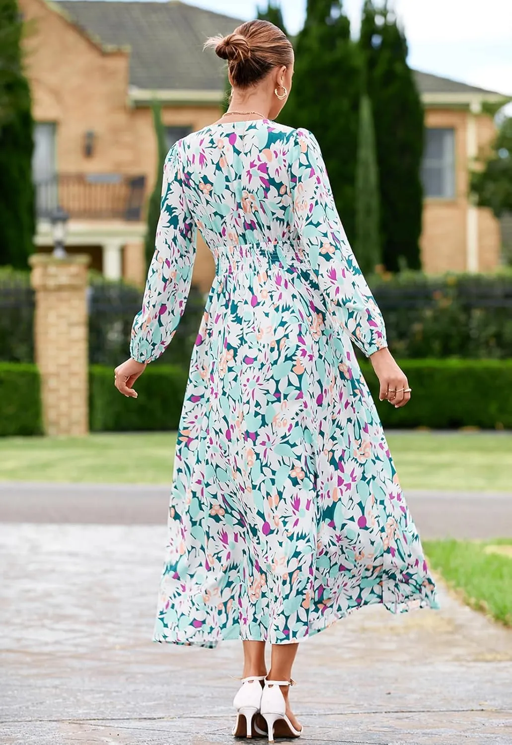 Sissyaki Women's Long Sleeve Boho Floral Maxi Dress Smocked Beach Flowy Dress