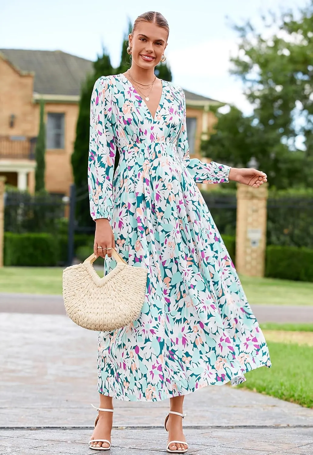 Sissyaki Women's Long Sleeve Boho Floral Maxi Dress Smocked Beach Flowy Dress