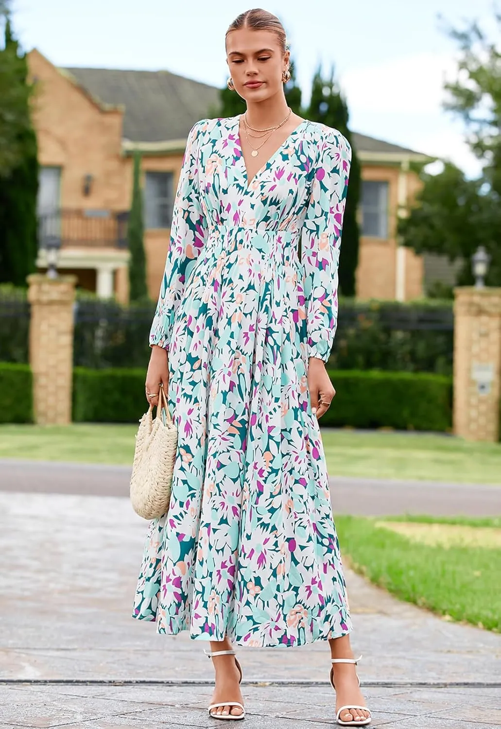 Sissyaki Women's Long Sleeve Boho Floral Maxi Dress Smocked Beach Flowy Dress