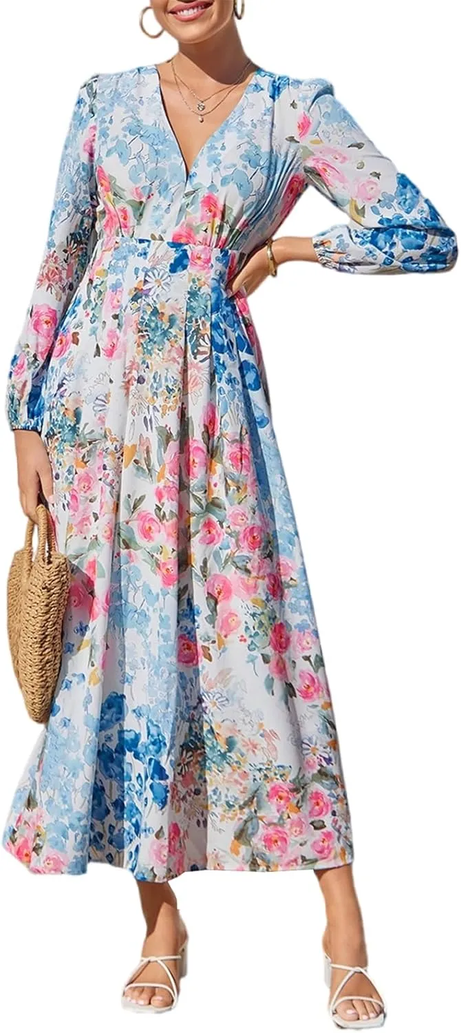 Sissyaki Women's Long Sleeve Boho Floral Maxi Dress Smocked Beach Flowy Dress