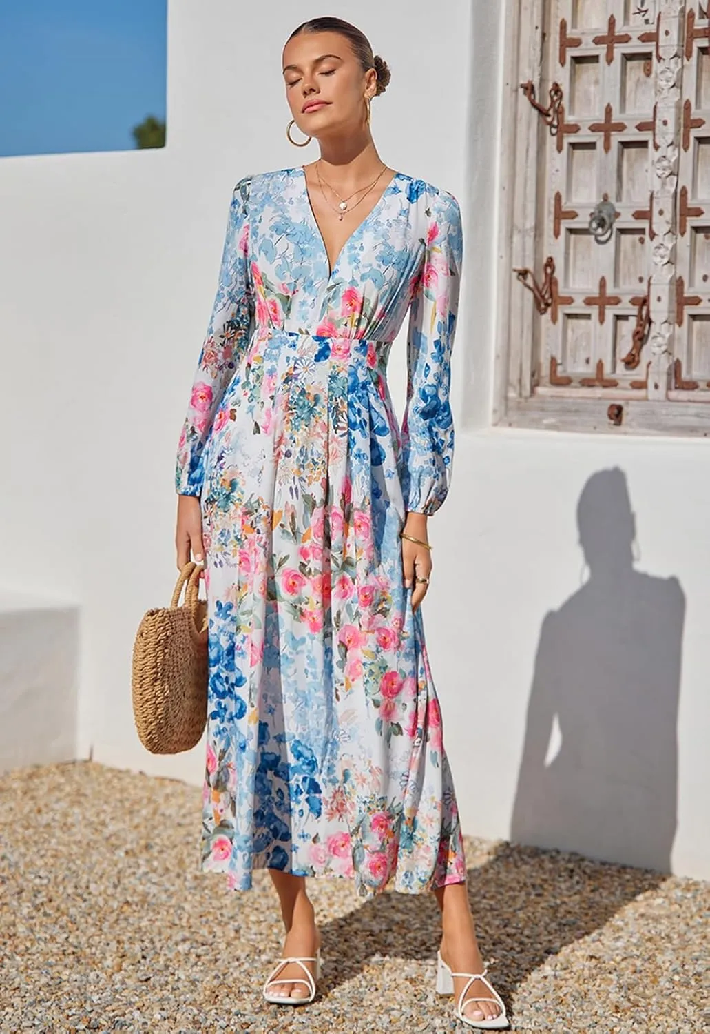 Sissyaki Women's Long Sleeve Boho Floral Maxi Dress Smocked Beach Flowy Dress