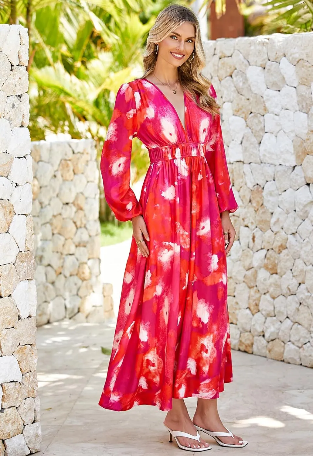 Sissyaki Women's Long Sleeve Boho Floral Maxi Dress Smocked Beach Flowy Dress