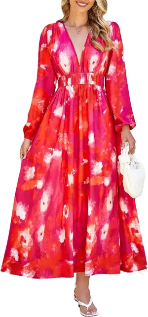 Sissyaki Women's Long Sleeve Boho Floral Maxi Dress Smocked Beach Flowy Dress
