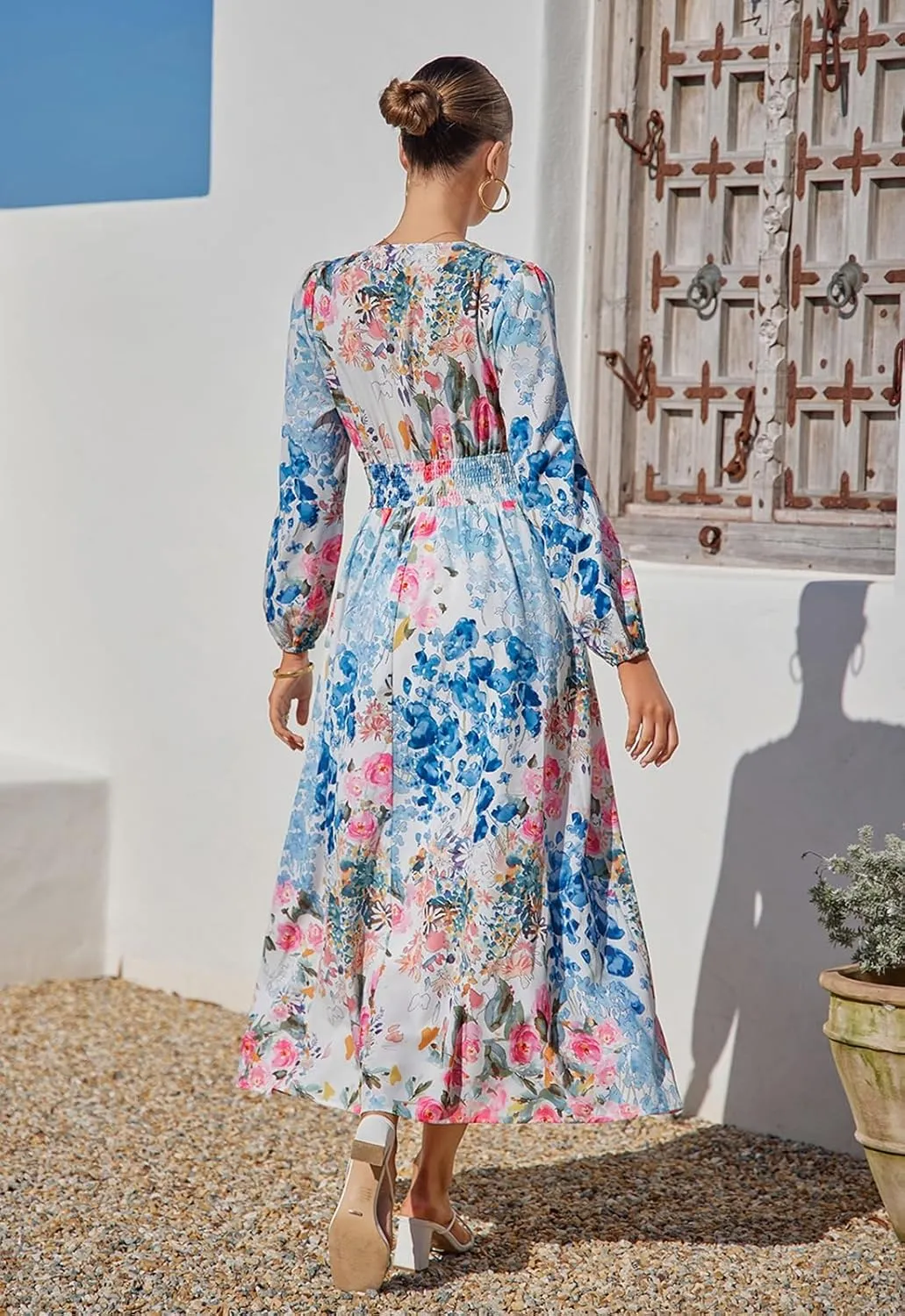 Sissyaki Women's Long Sleeve Boho Floral Maxi Dress Smocked Beach Flowy Dress