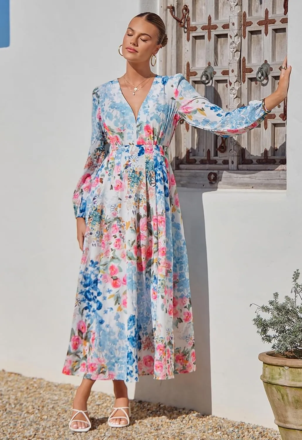Sissyaki Women's Long Sleeve Boho Floral Maxi Dress Smocked Beach Flowy Dress