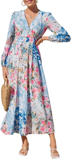 Sissyaki Women's Long Sleeve Boho Floral Maxi Dress Smocked Beach Flowy Dress