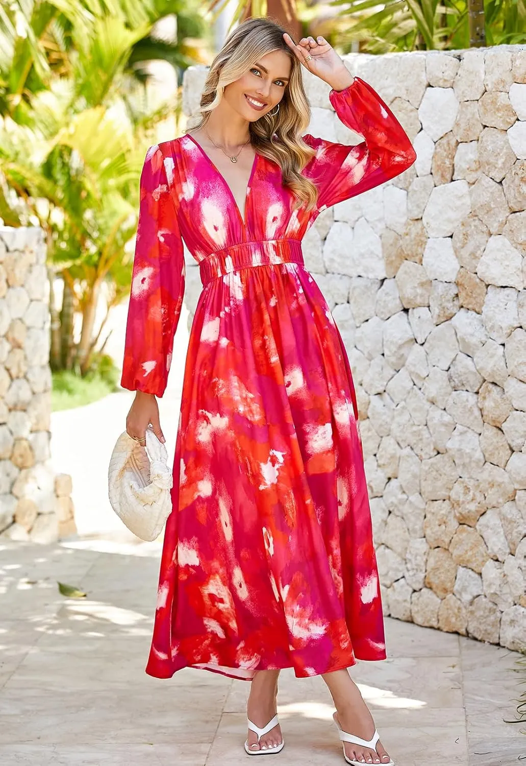 Sissyaki Women's Long Sleeve Boho Floral Maxi Dress Smocked Beach Flowy Dress