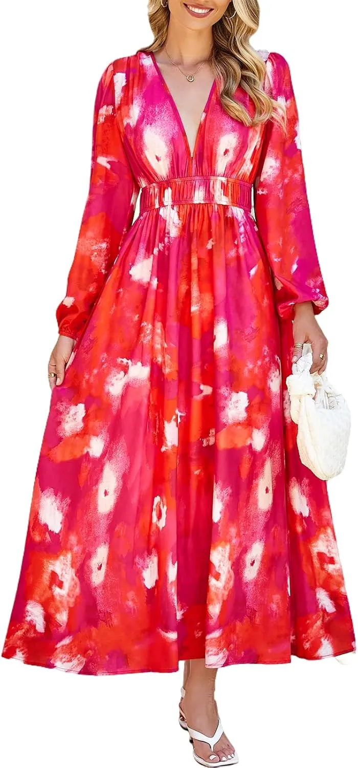 Sissyaki Women's Long Sleeve Boho Floral Maxi Dress Smocked Beach Flowy Dress