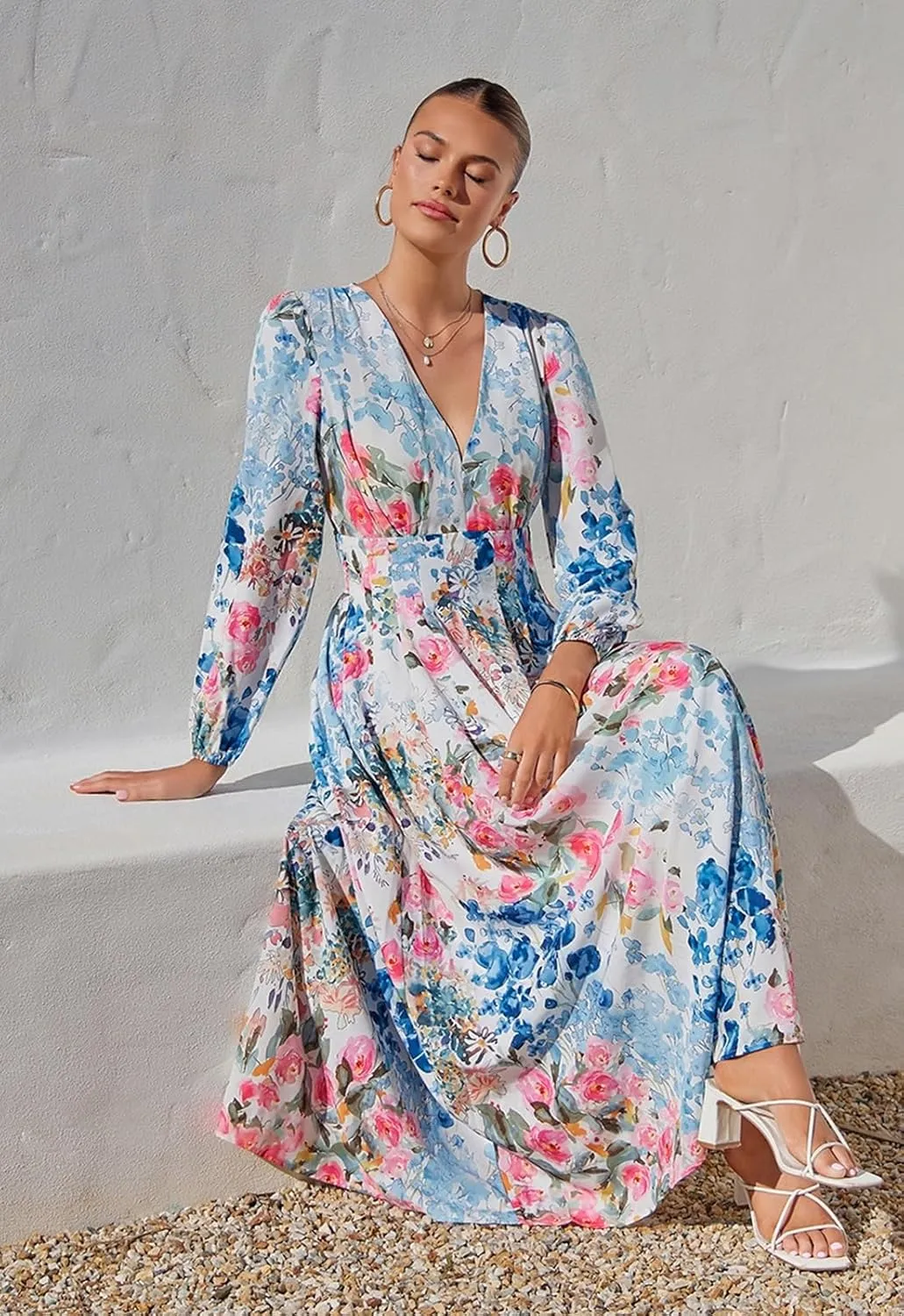 Sissyaki Women's Long Sleeve Boho Floral Maxi Dress Smocked Beach Flowy Dress