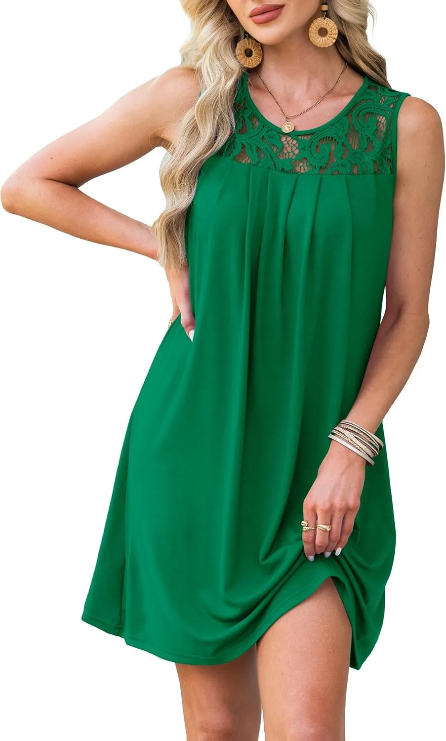 Summer Dresses for Women Sleeveless Lace Crewneck Sundress (S-3XL)