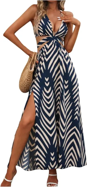 SweatyRocks Women's High Split Tie Backless Cut Out Halter Maxi Dresses Boho Vacation Long Dress
