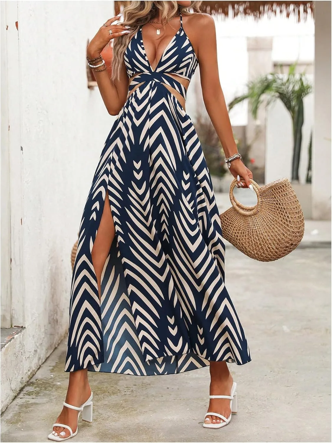 SweatyRocks Women's High Split Tie Backless Cut Out Halter Maxi Dresses Boho Vacation Long Dress