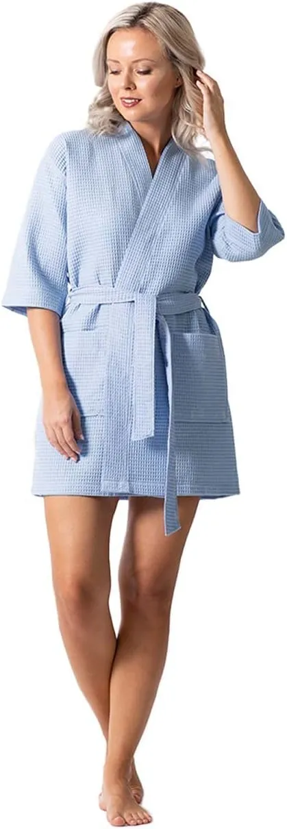 Turkish Linen Lightweight Waffle Knit Bath, Spa & Bridesmaids Kimono Short Robes for Women - Quick Dry & Soft