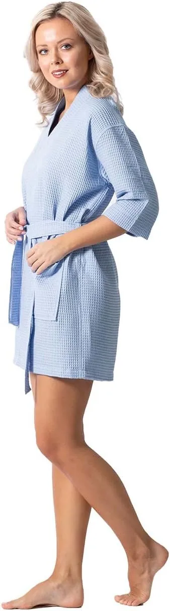 Turkish Linen Lightweight Waffle Knit Bath, Spa & Bridesmaids Kimono Short Robes for Women - Quick Dry & Soft