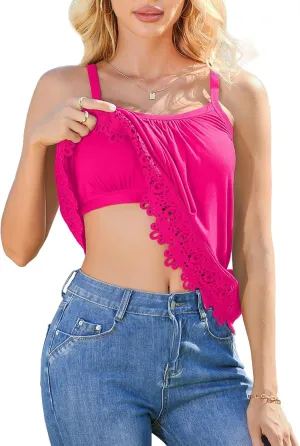 V FOR CITY Womens Flowy Lace Camisole with Built in Bra Adjustable Straps Loose Scoop Neck Tank Top