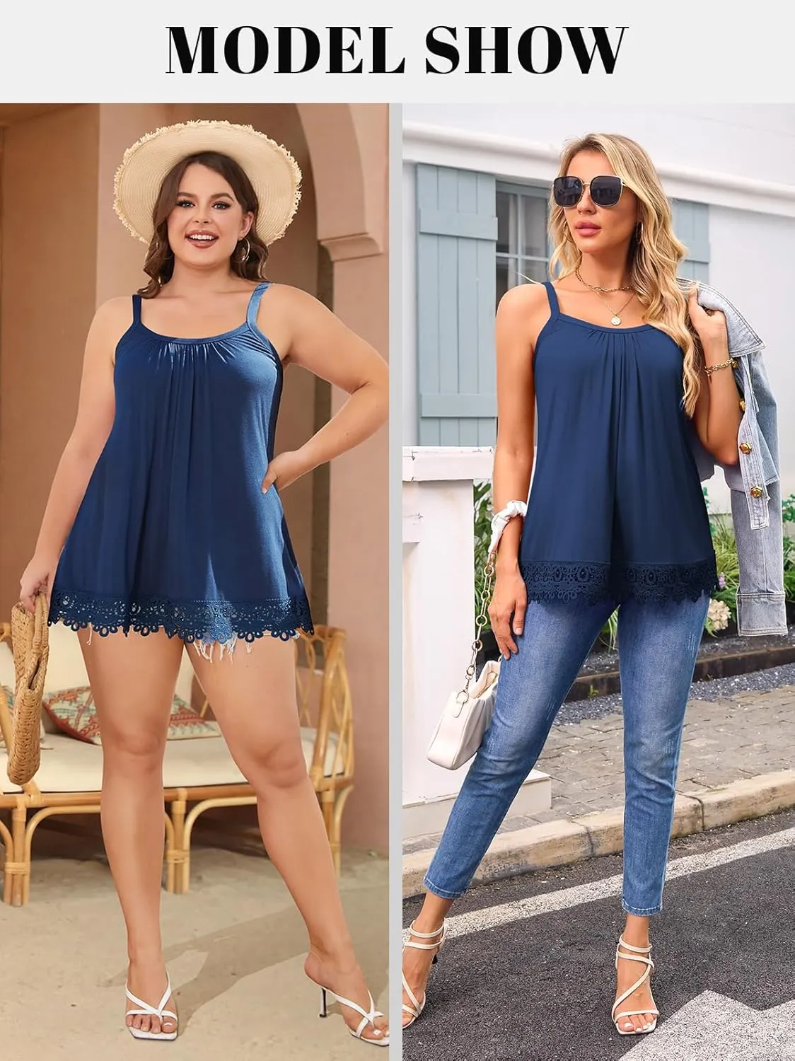 V FOR CITY Womens Flowy Lace Camisole with Built in Bra Adjustable Straps Loose Scoop Neck Tank Top