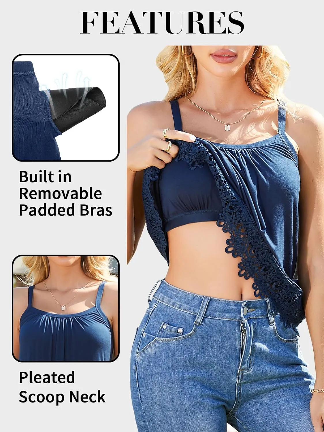 V FOR CITY Womens Flowy Lace Camisole with Built in Bra Adjustable Straps Loose Scoop Neck Tank Top