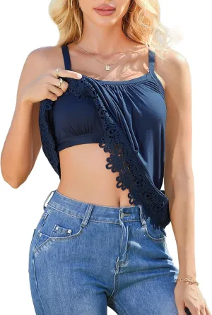V FOR CITY Womens Flowy Lace Camisole with Built in Bra Adjustable Straps Loose Scoop Neck Tank Top