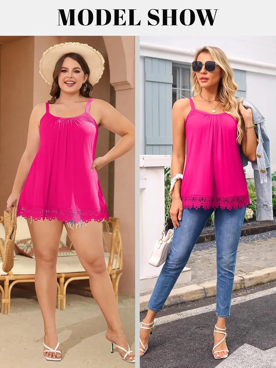 V FOR CITY Womens Flowy Lace Camisole with Built in Bra Adjustable Straps Loose Scoop Neck Tank Top