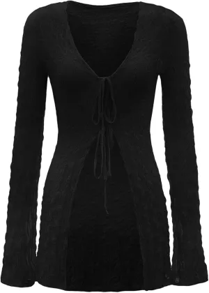 Verdusa Women's 90s Top Bell Long Sleeve Tie Front Textured Sheer T-Shirt Cardigan