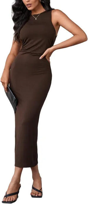 Verdusa Women's Crewneck Sleeveless High Waist Rib Knit Tank Long Bodycon Dress