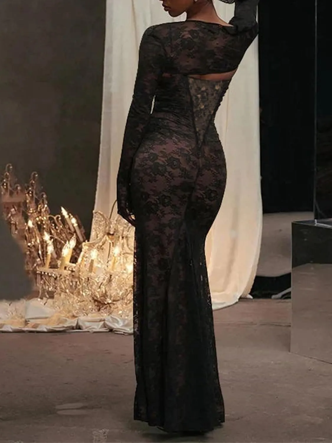 Women Cami Lace Maxi Dress Romantic Long Sleeve Lace Bodycon Dresses Elegant