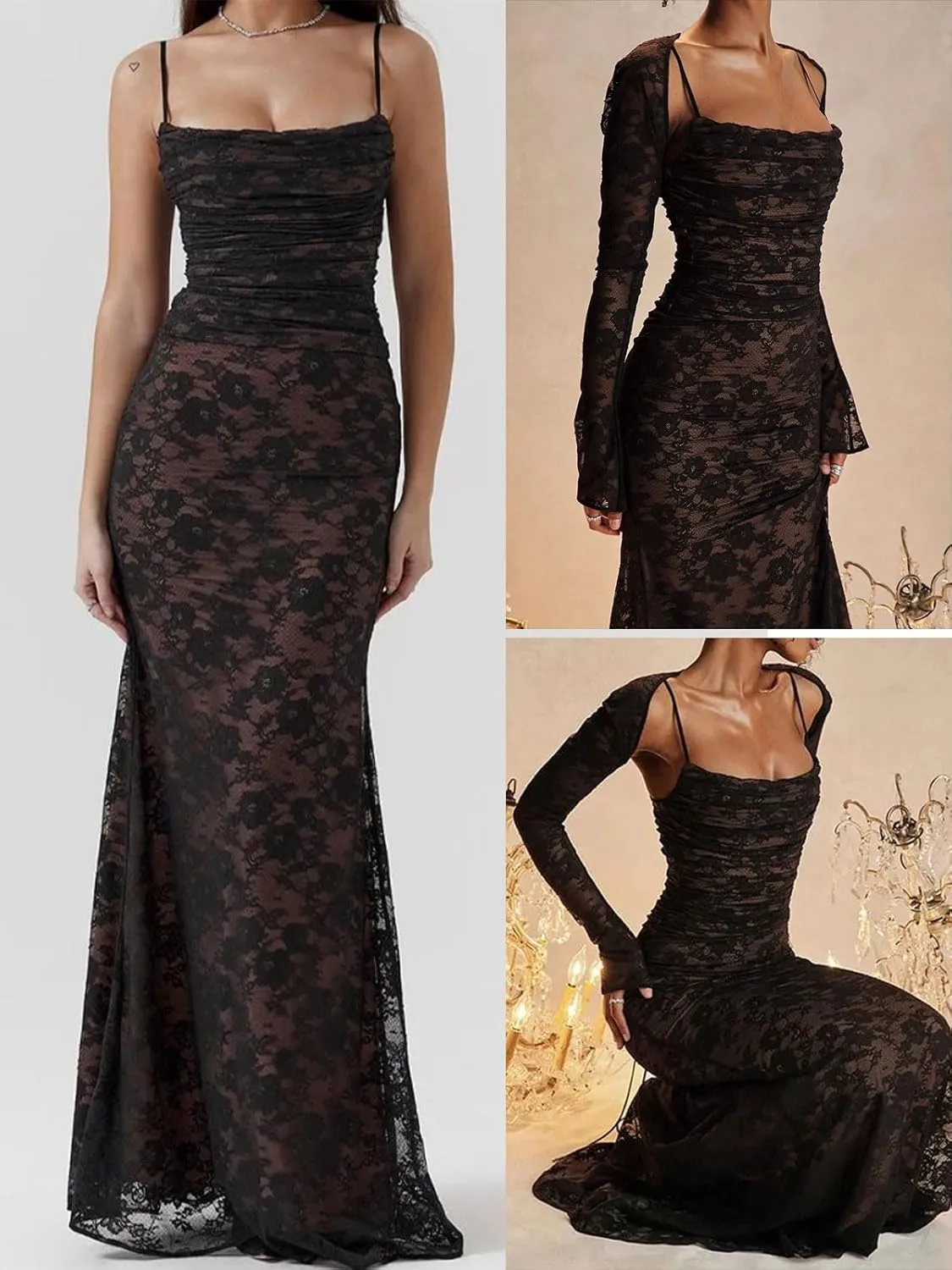 Women Cami Lace Maxi Dress Romantic Long Sleeve Lace Bodycon Dresses Elegant