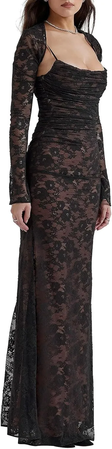 Women Cami Lace Maxi Dress Romantic Long Sleeve Lace Bodycon Dresses Elegant