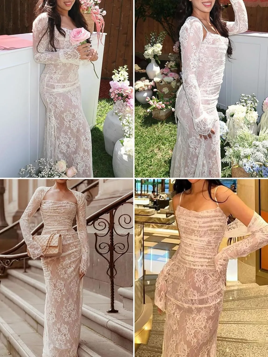 Women Cami Lace Maxi Dress Romantic Long Sleeve Lace Bodycon Dresses Elegant