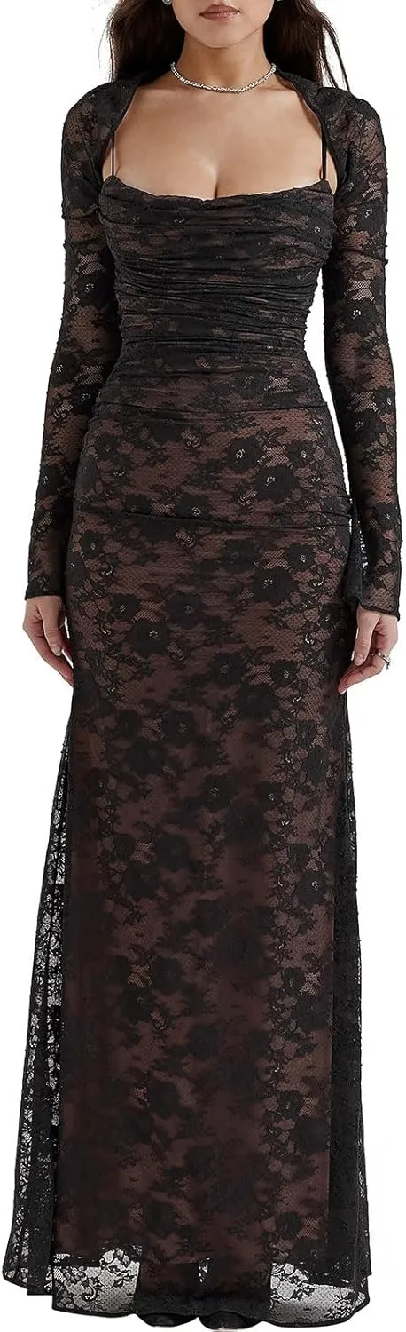 Women Cami Lace Maxi Dress Romantic Long Sleeve Lace Bodycon Dresses Elegant