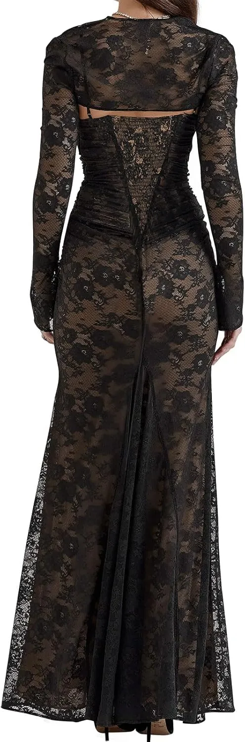 Women Cami Lace Maxi Dress Romantic Long Sleeve Lace Bodycon Dresses Elegant