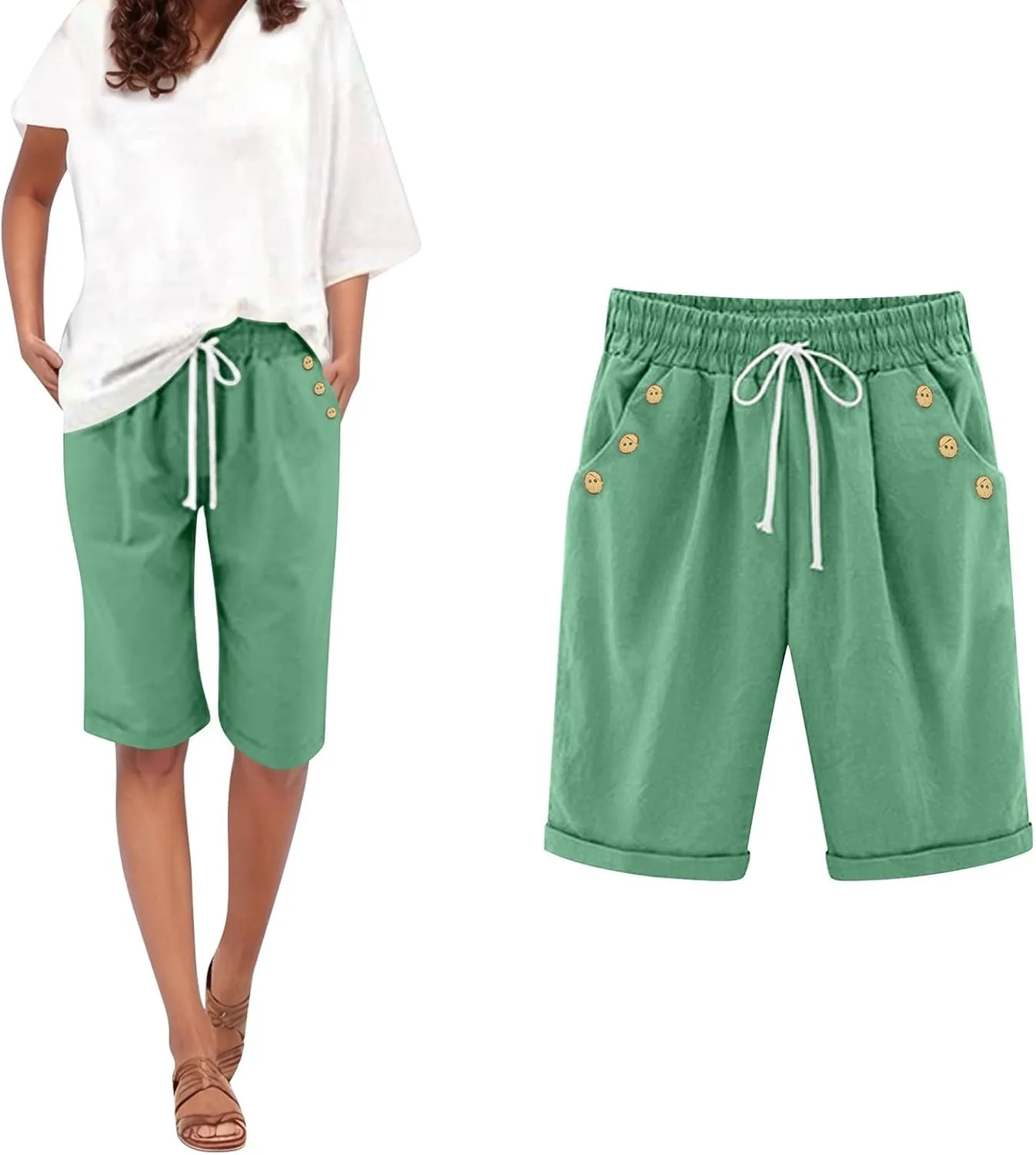 Women Knee Length Bermuda Shorts Elastic High Waist Drawstring Shorts Cotton Relaxed Fit Summer Beach Short Pants