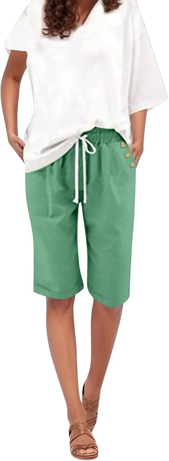 Women Knee Length Bermuda Shorts Elastic High Waist Drawstring Shorts Cotton Relaxed Fit Summer Beach Short Pants
