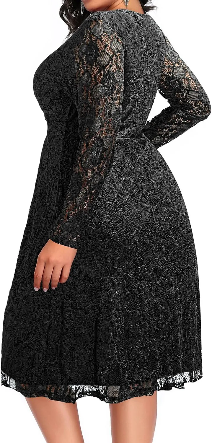 Women Plus Size Wedding Guest Dresses Cocktail Black Wrap Lace Fall Formal Long Sleeve Knee Length Evening Party Dress