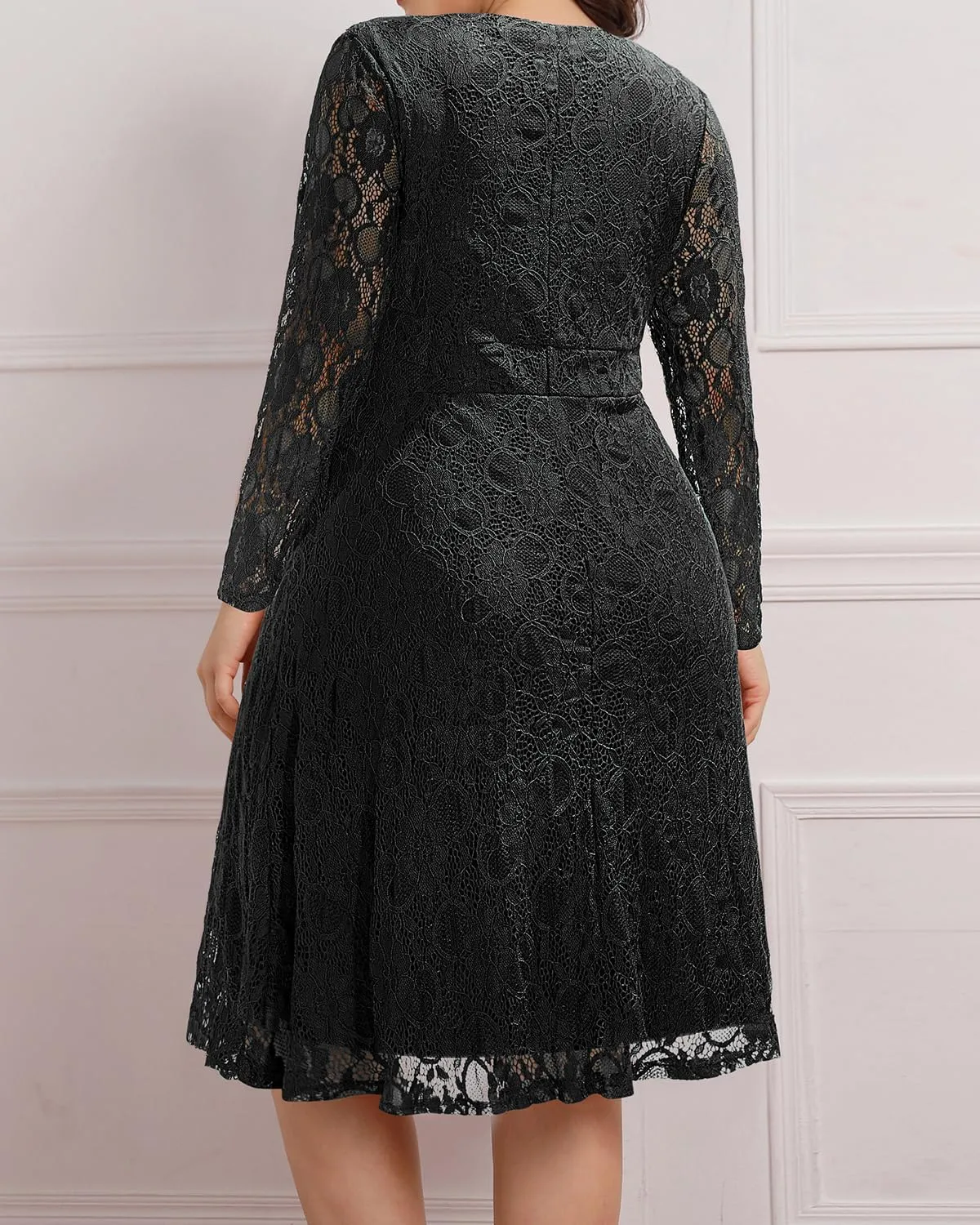 Women Plus Size Wedding Guest Dresses Cocktail Black Wrap Lace Fall Formal Long Sleeve Knee Length Evening Party Dress