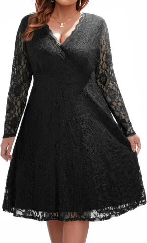 Women Plus Size Wedding Guest Dresses Cocktail Black Wrap Lace Fall Formal Long Sleeve Knee Length Evening Party Dress