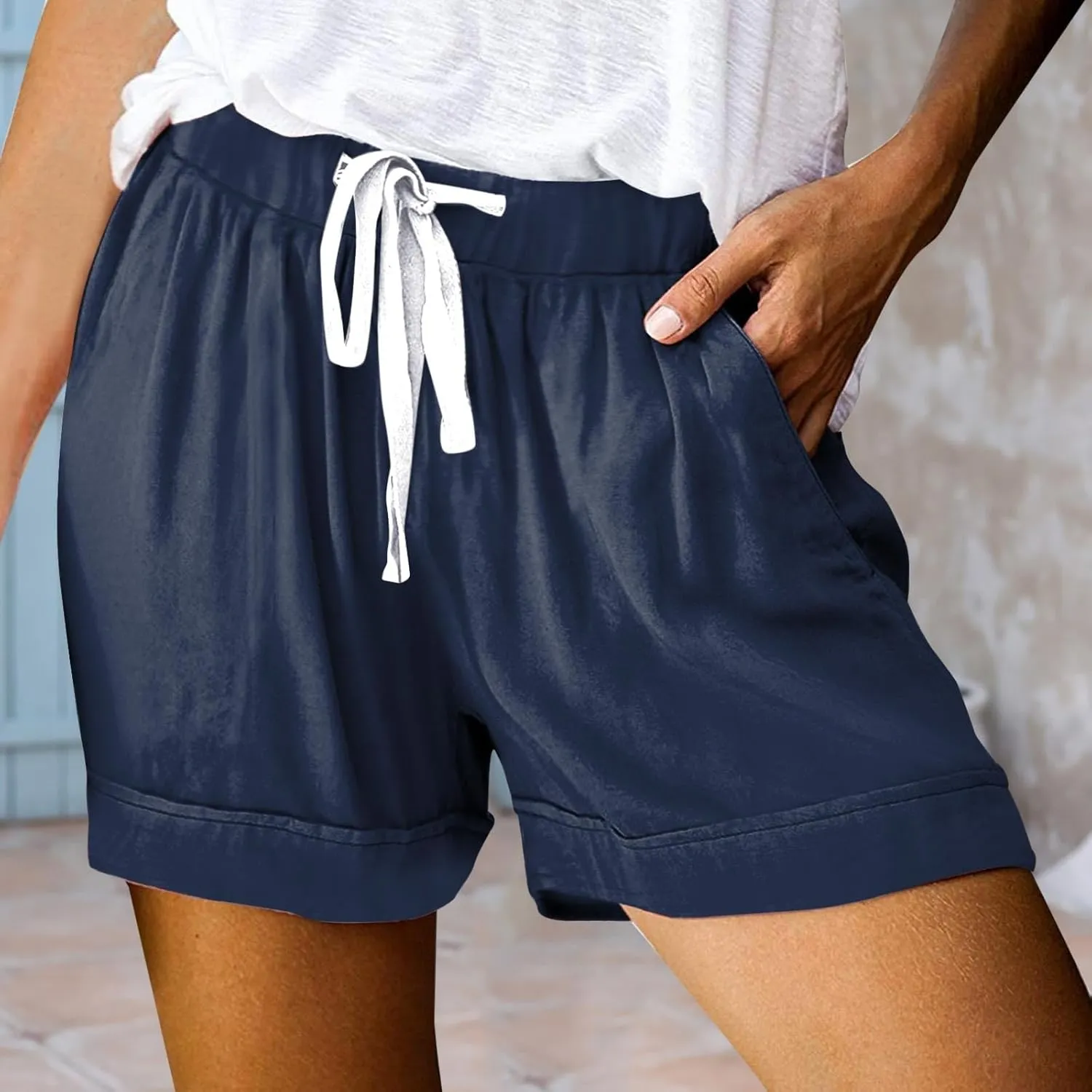 Women Summer Casual Shorts Drawstring High Waisted Pull On Shorts Beach Lightweight Short Pant Fashion Vacation Outfit