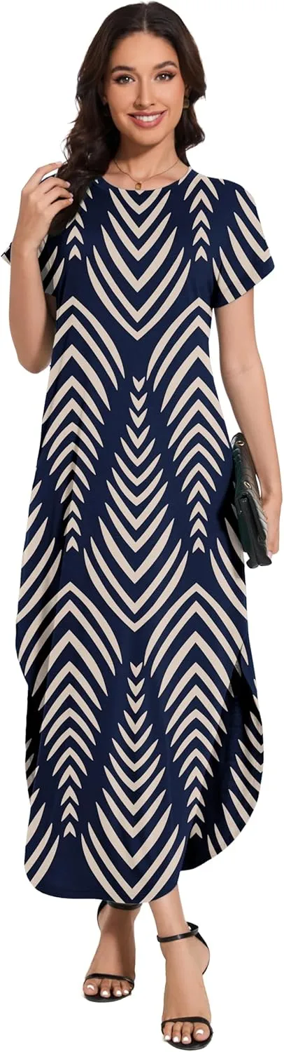 Women Summer Long Sundress Crewneck Short Sleeve Maxi Dress 2025 Casual Loose Beach Dress with Pockets