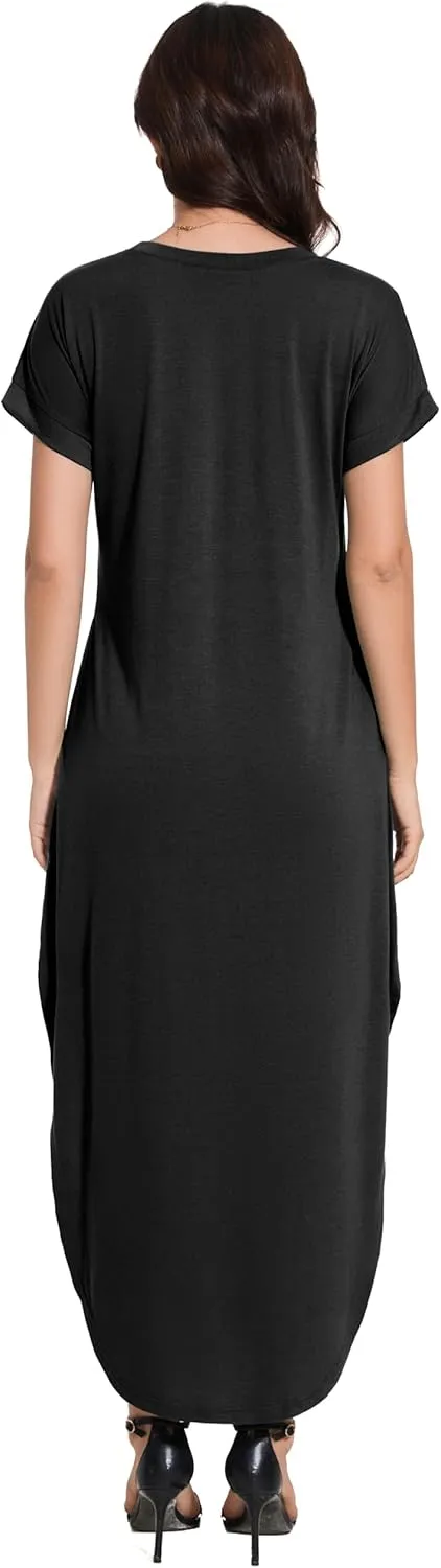 Women Summer Long Sundress Crewneck Short Sleeve Maxi Dress 2025 Casual Loose Beach Dress with Pockets