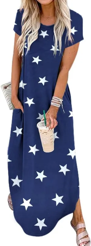 Women Summer Long Sundress Crewneck Short Sleeve Maxi Dress 2025 Casual Loose Beach Dress with Pockets