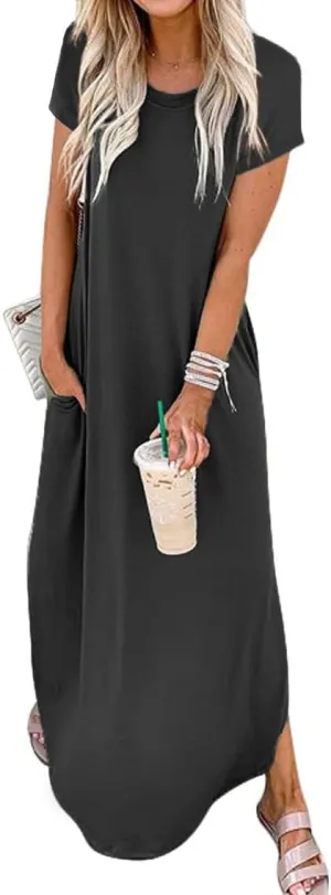 Women Summer Long Sundress Crewneck Short Sleeve Maxi Dress 2025 Casual Loose Beach Dress with Pockets