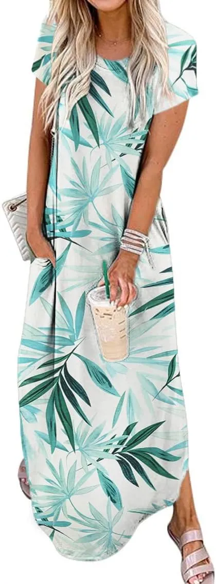 Women Summer Long Sundress Crewneck Short Sleeve Maxi Dress 2025 Casual Loose Beach Dress with Pockets