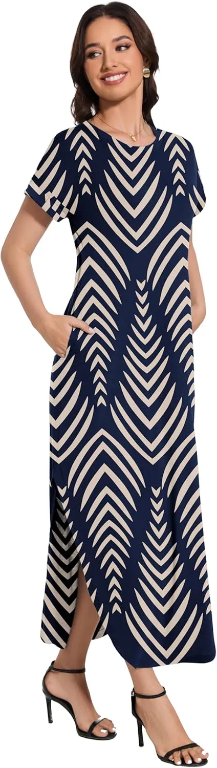 Women Summer Long Sundress Crewneck Short Sleeve Maxi Dress 2025 Casual Loose Beach Dress with Pockets