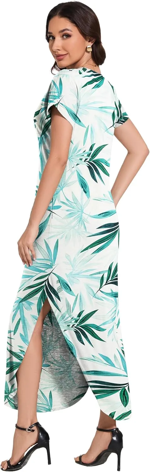 Women Summer Long Sundress Crewneck Short Sleeve Maxi Dress 2025 Casual Loose Beach Dress with Pockets