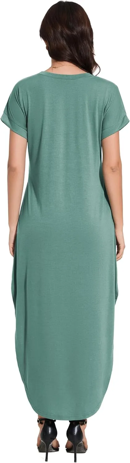 Women Summer Long Sundress Crewneck Short Sleeve Maxi Dress 2025 Casual Loose Beach Dress with Pockets