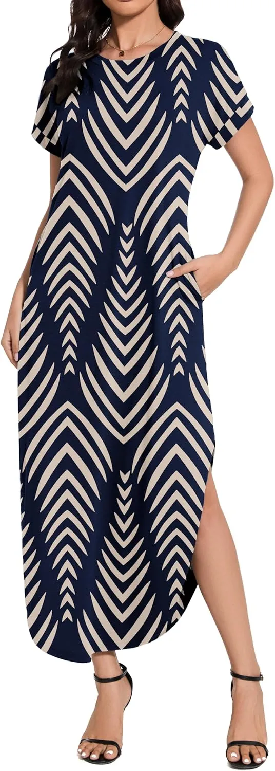 Women Summer Long Sundress Crewneck Short Sleeve Maxi Dress 2025 Casual Loose Beach Dress with Pockets