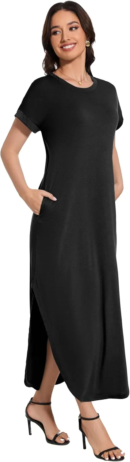 Women Summer Long Sundress Crewneck Short Sleeve Maxi Dress 2025 Casual Loose Beach Dress with Pockets