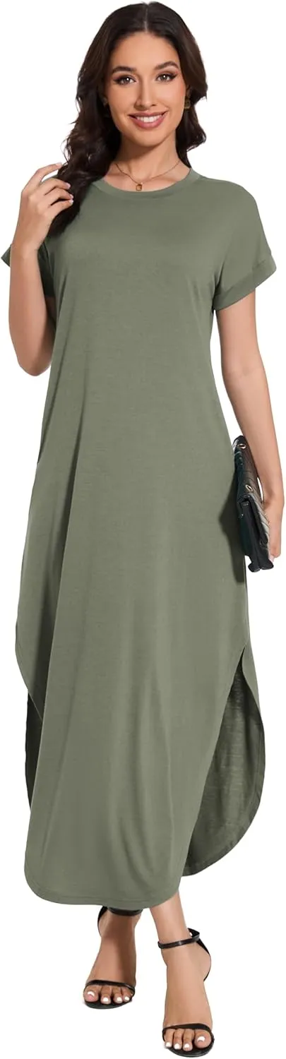 Women Summer Long Sundress Crewneck Short Sleeve Maxi Dress 2025 Casual Loose Beach Dress with Pockets