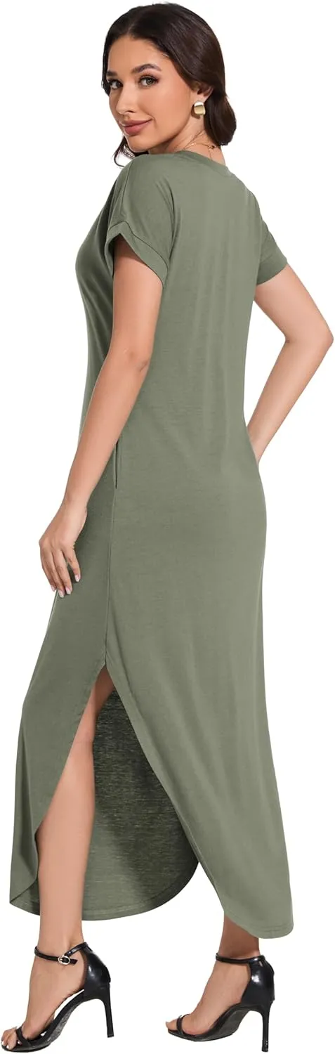 Women Summer Long Sundress Crewneck Short Sleeve Maxi Dress 2025 Casual Loose Beach Dress with Pockets