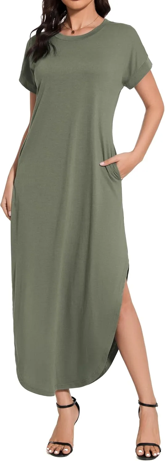 Women Summer Long Sundress Crewneck Short Sleeve Maxi Dress 2025 Casual Loose Beach Dress with Pockets